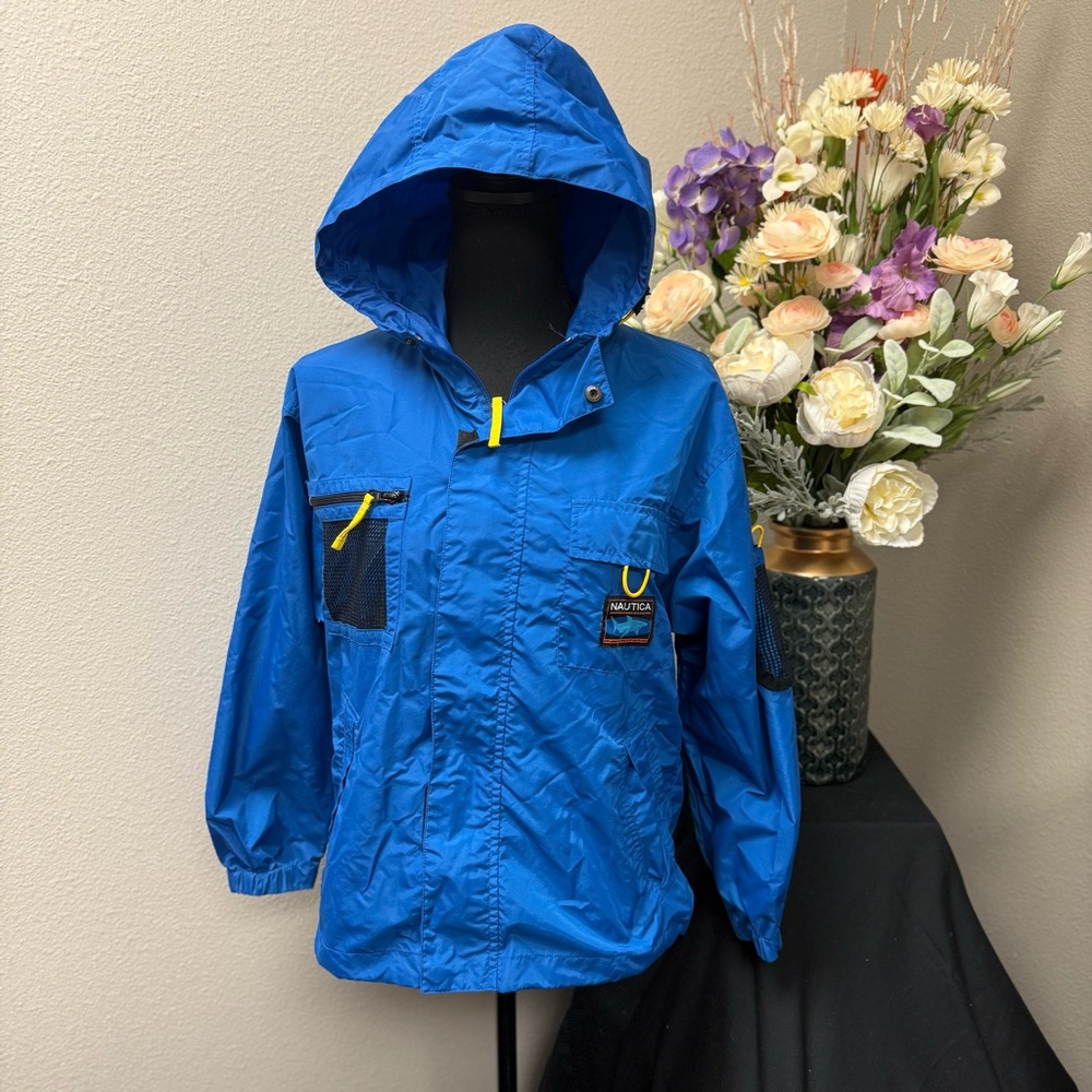 Nautica Blue Hooded Nylon Utility Windbreaker (Youth M 12–14)